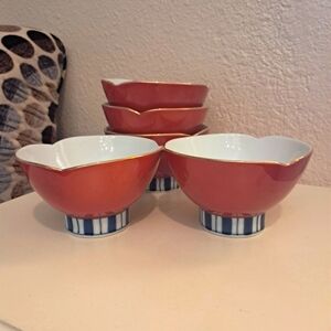 SOLD Vintage Japanese Porcelain Hand Painted Lotus Shaped Orange Arita Rice Bowl